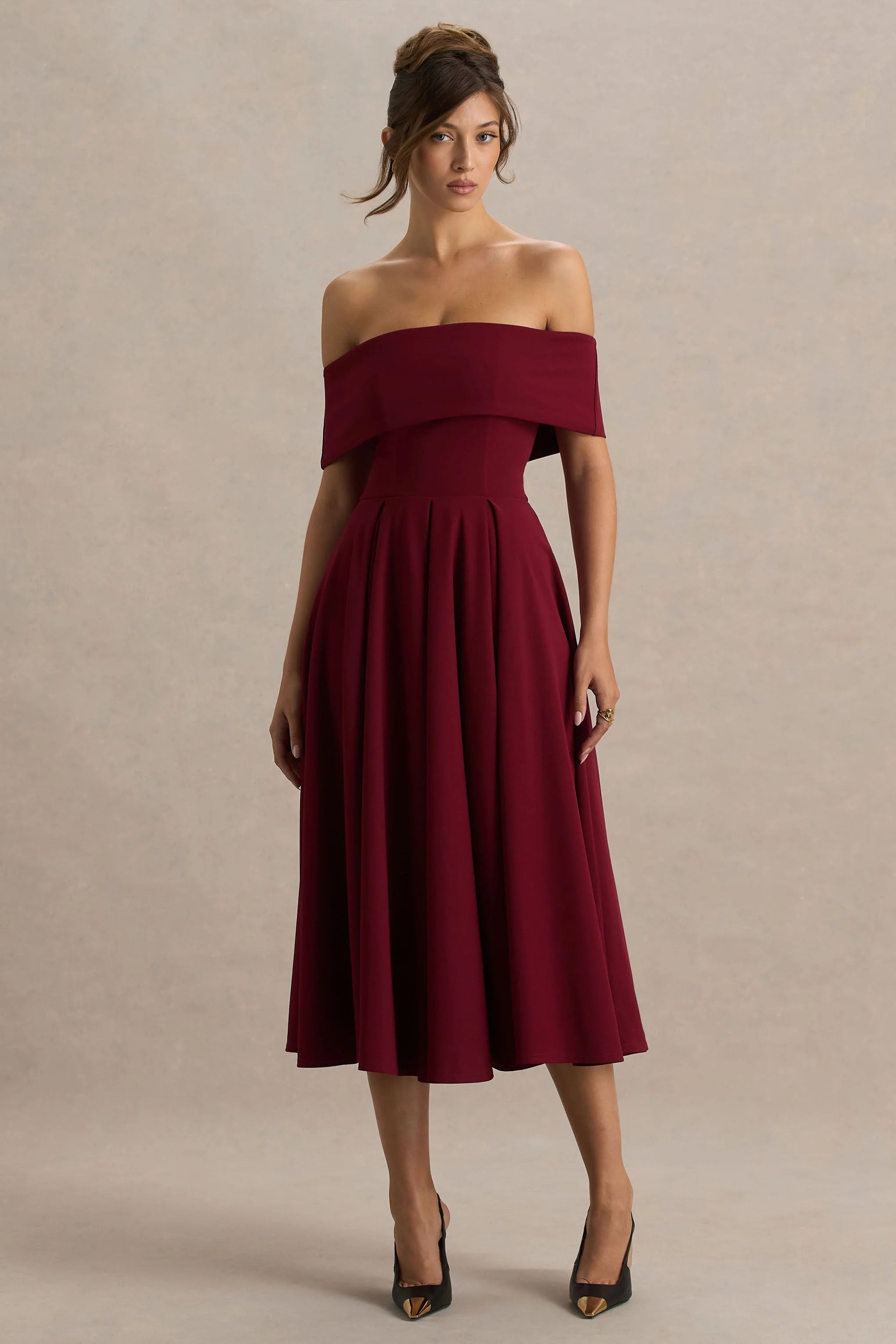 Isabella | Burgundy Bardot-Neck Midi Dress