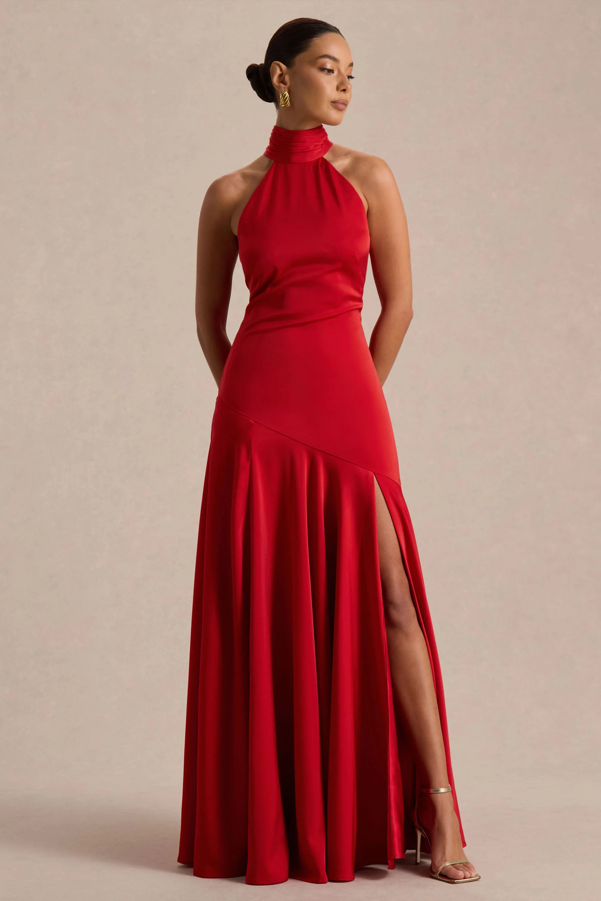 Luscious | Red High-Neck Maxi Dress With Drop-Waist And Bow Detail