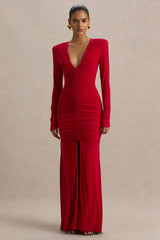 Jewel | Red Plunge-Neck Maxi Dress With Front Split and Ruched Detailing