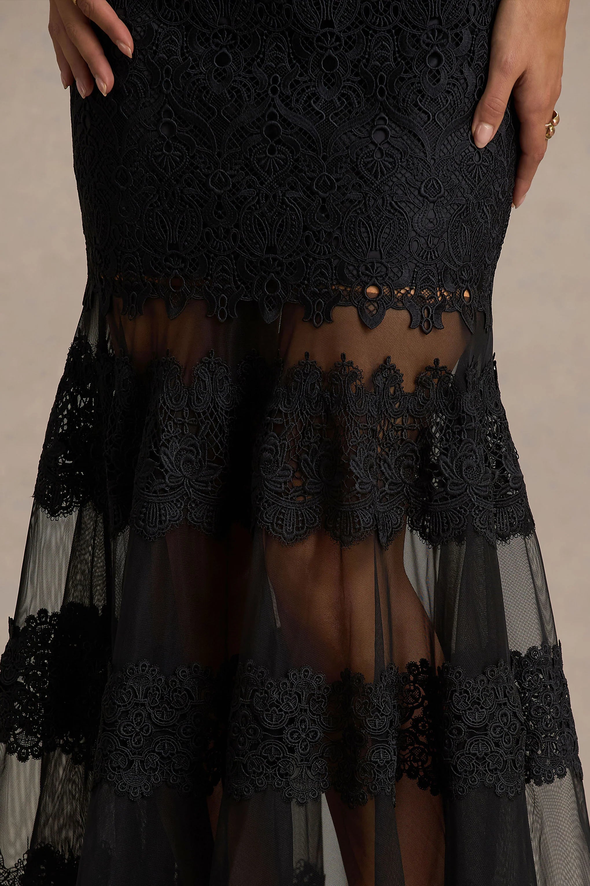 Leanne | Black Mesh And Lace Crew-Neck Fishtail Midi Dress