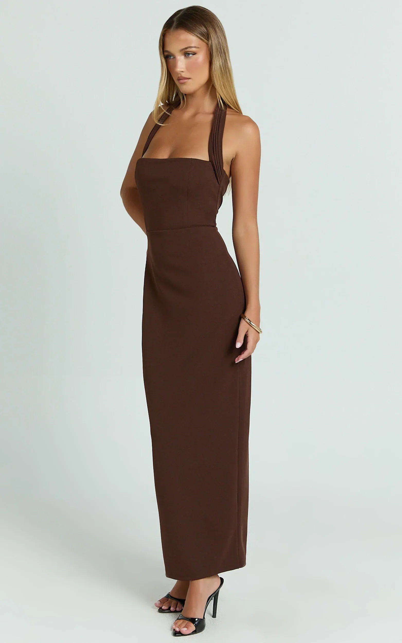 Salome Midi Dress Halter Neck Column Dress in Chocolate