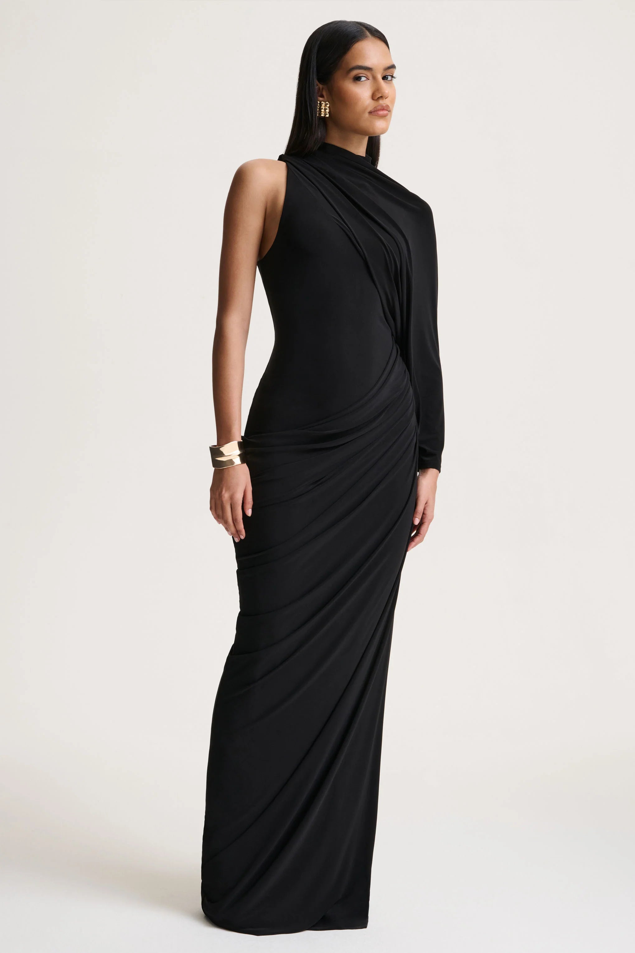 Aphra | Black High-Neck Maxi Dress With Cape-Sleeve