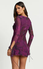 Alesya Mini Dress Ruffle Plunge Neck Long Sleeve Tie Detail Dress in Royal Adeana