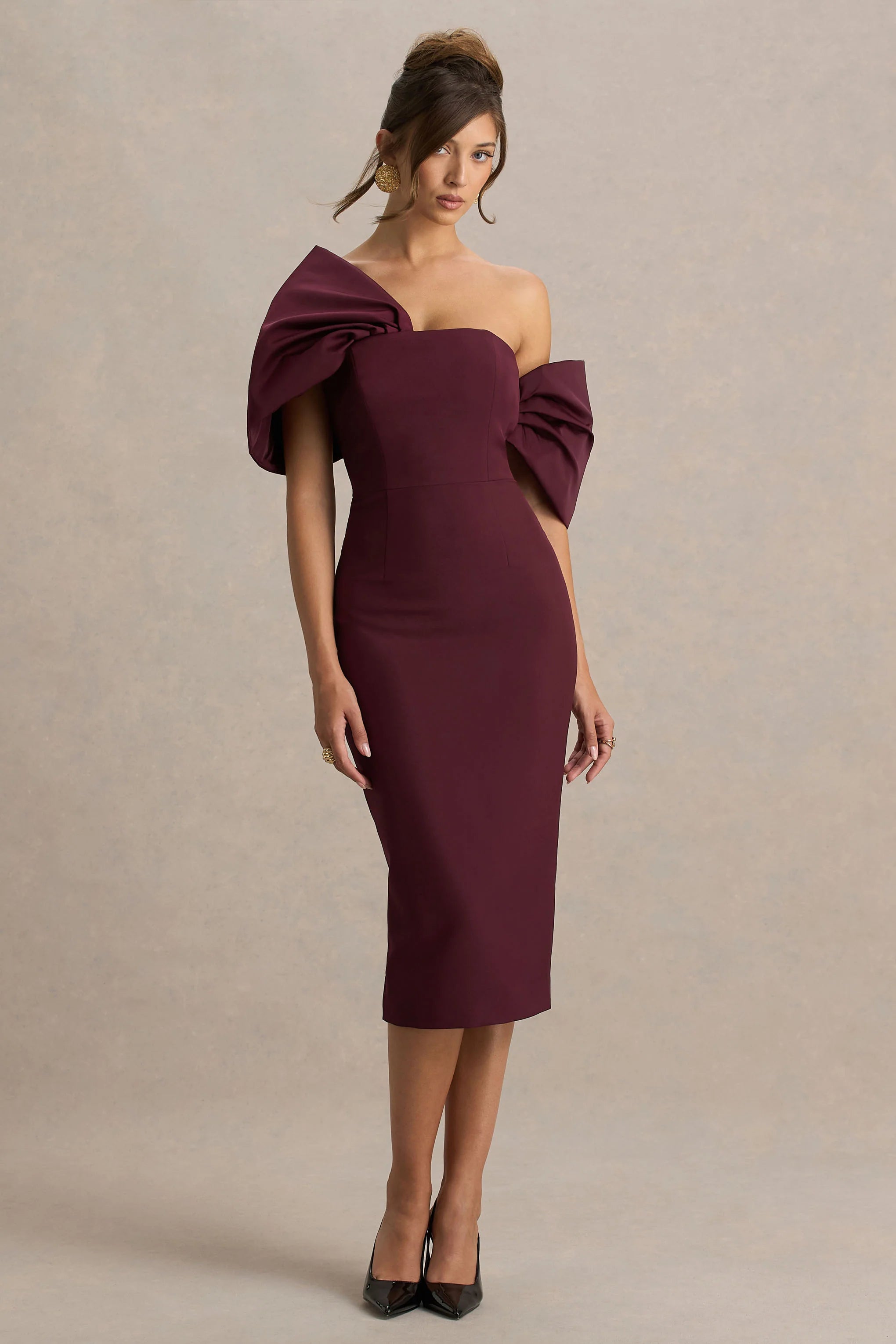 Lucille | Burgundy Asymmetric Bardot Midi Dress With Bow Detail