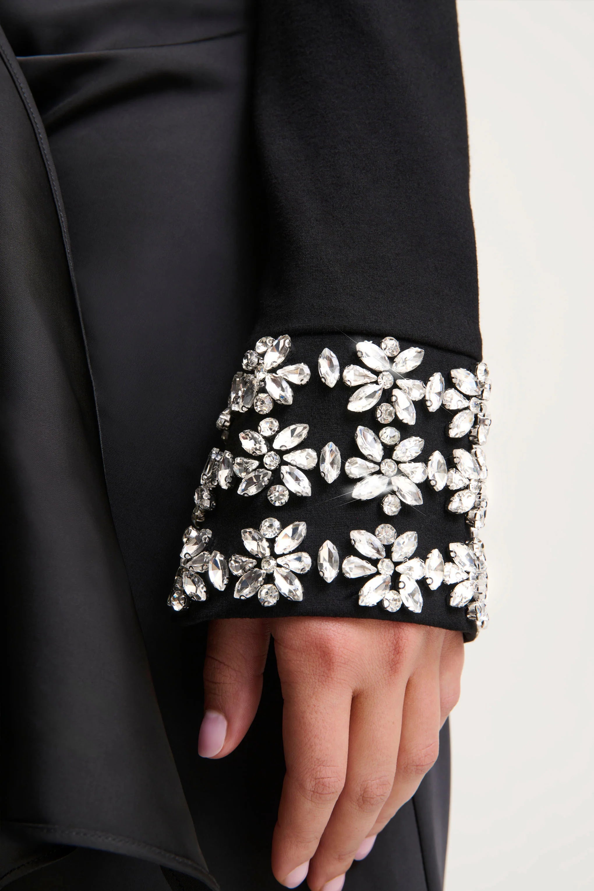 Starred | Black High-Neck Maxi Dress With Satin Wrap-Skirt And Embellished Cuffs