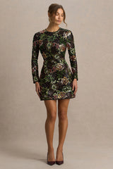 Moonlit | Winter Floral Mesh And Sequin Crew-Neck Mini Dress