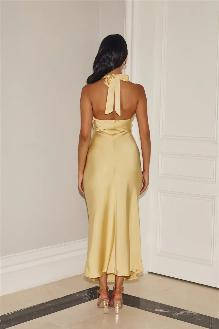 Gold Romance Halter Satin Maxi Dress