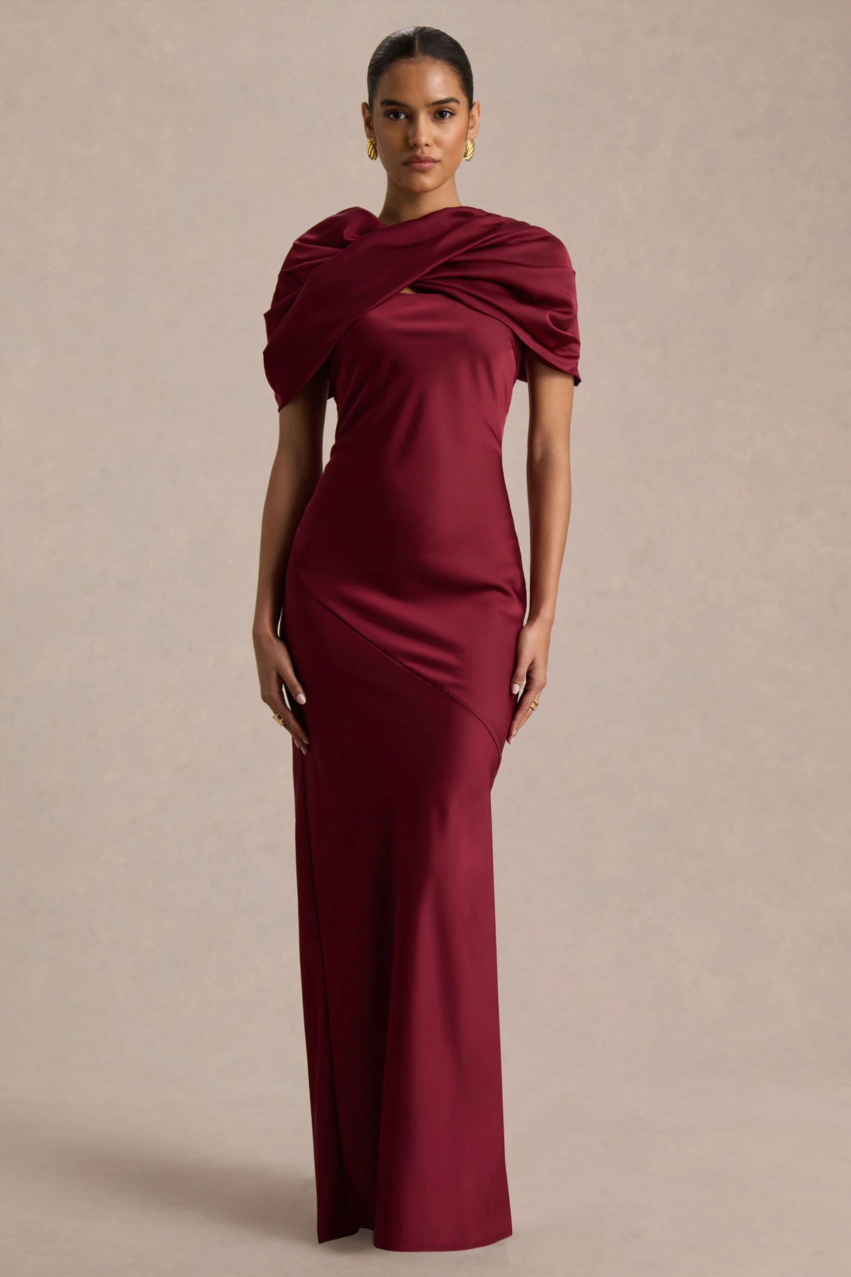 Yoli | Burgundy Satin Maxi Dress With Removable Twist-Cape