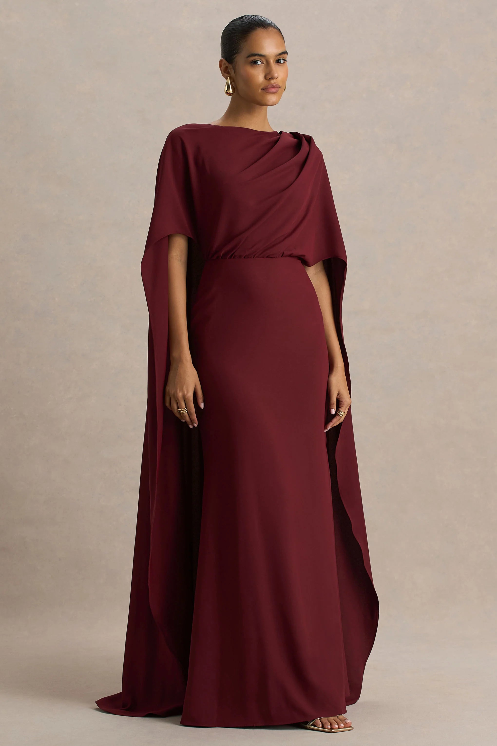 Pristina | Burgundy Boat-Neck Woven Maxi Dress With Cape Detail