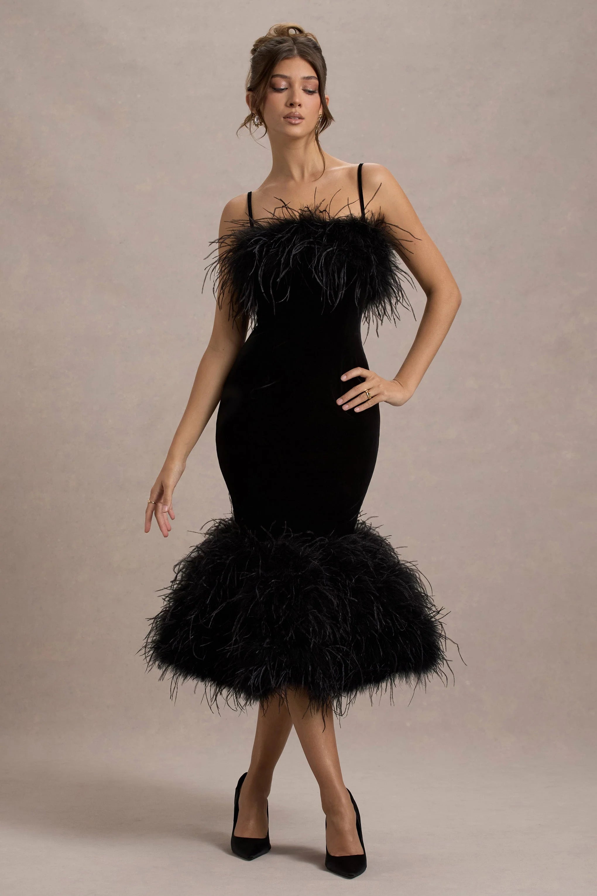 Kalena | Black Velvet Feather Trim Midi Dress