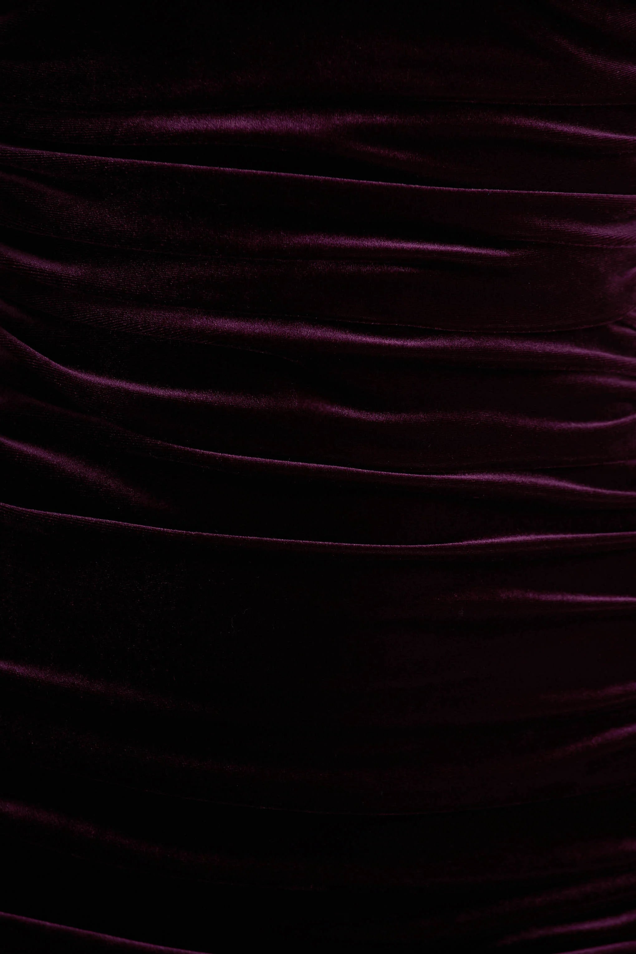 Treat | Burgundy Velvet Asymmetric-Neck Maxi Dress With Ruched Detailing.
