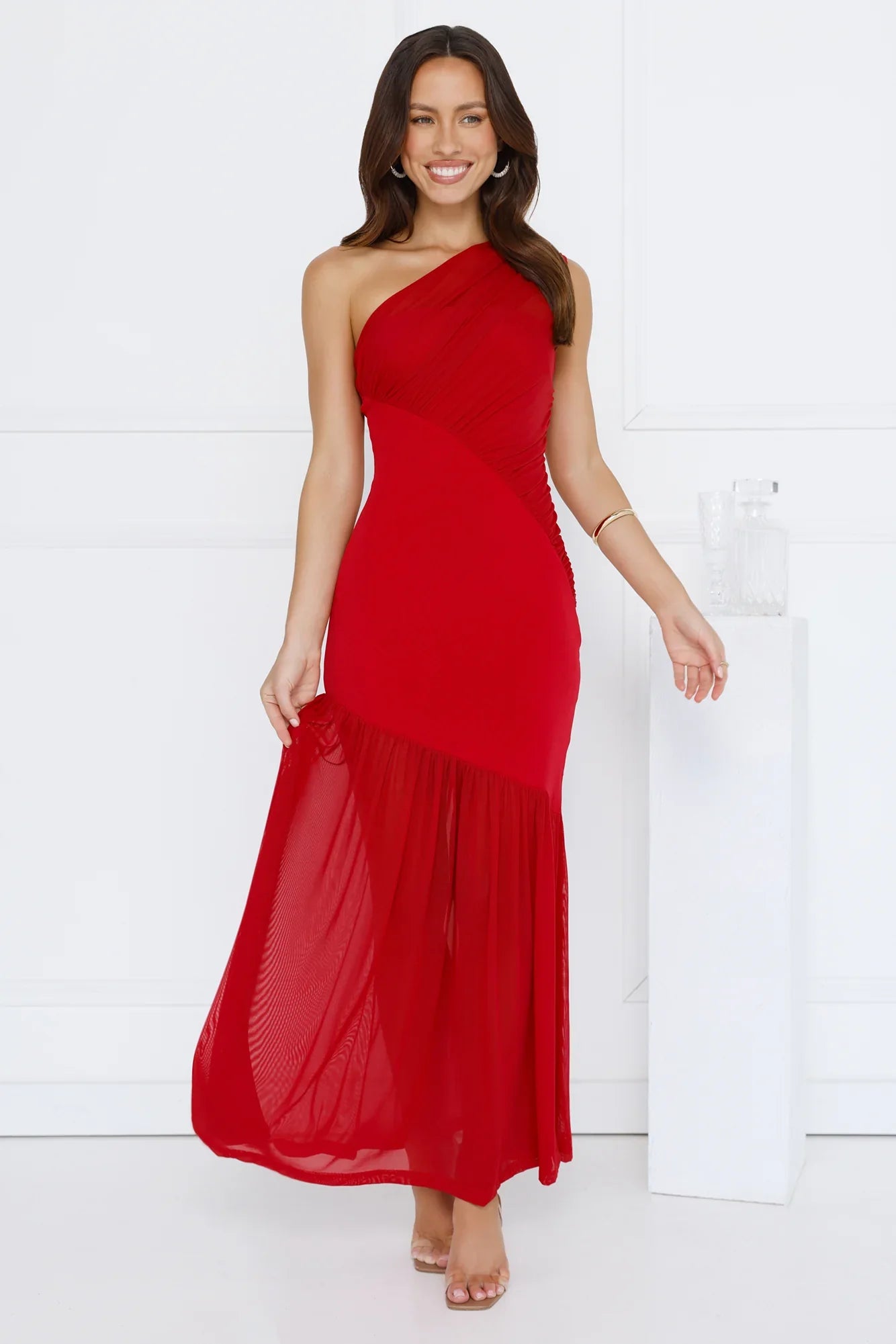 Vibe Style One Shoulder Mesh Maxi Dress