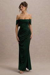 Annie | Bottle Green Satin Bardot Maxi Dress With Split Wrap Skirt