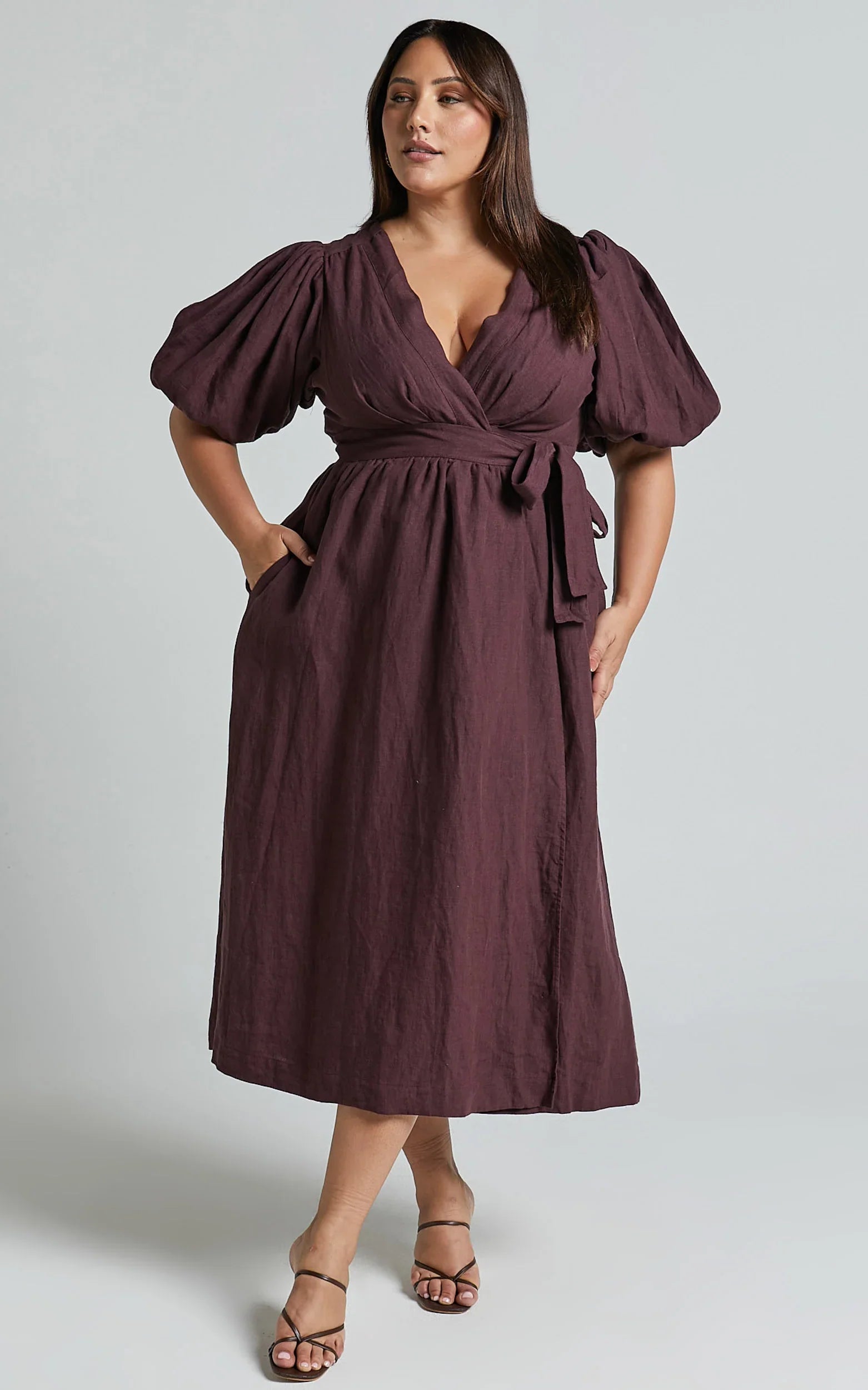 Amalie The Label - Franc Linen Puff Sleeve Wrap Midi Linen Dress